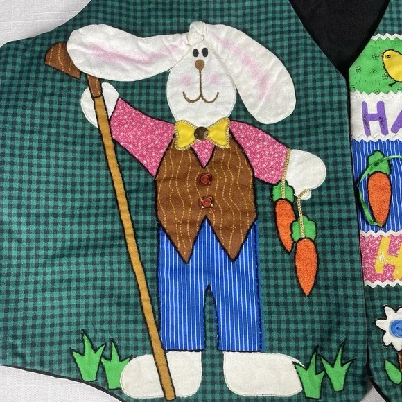 Easter Embroidered Festive Vest Unisex Buttons And Glitter Spring Easter Bunny - Picture 5 of 11